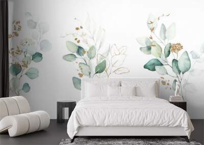 Watercolor floral illustration set - green & gold leaf branches collection, for wedding stationary, greetings, wallpapers, fashion, background. Eucalyptus, olive, green leaves, etc. Wall mural