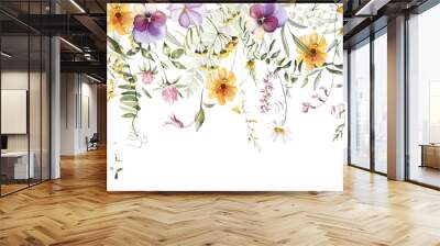 Wild field herbs flowers. Watercolor seamless border - illustration with green leaves, purple yellow buds and branches. Wedding stationery, wallpapers, fashion, backgrounds, textures. Wildflowers. Wall mural