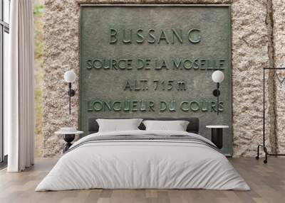 Bronze plate telling the altitude and length of the Moselle at its source on the Col de Bussang Wall mural