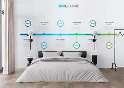 Abstract business rounded infographic template with 6 options. Colorful diagram, timeline and schedule isolated on light background. Wall mural