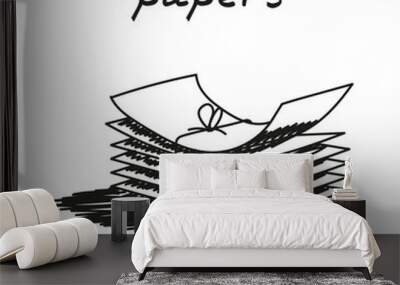 Stack of papers hand-drawn illustration. Cartoon vector clip art of a pile of papers tied with thread. Black and white sketch of the concept of securities, papers, financial reports Wall mural