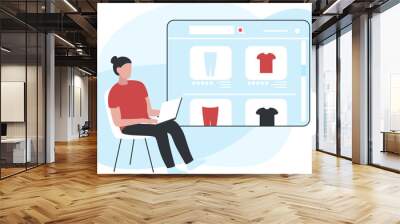 Vector concept illustration of a woman piking clothes from laptop screen, looking through items in an online store. It represents a concept of online shopping, website design or modern landing page Wall mural