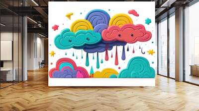 3d fantastic clouds, sun, rain, drop. emoji Cartoon illustration. Wall mural