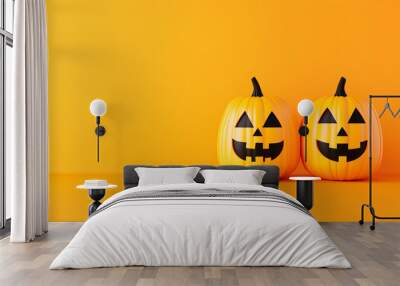 A playful and festive Halloween card with smiling jack-o'-lanterns against a vibrant orange backdrop. The carved faces add a touch of whimsy and fun Wall mural