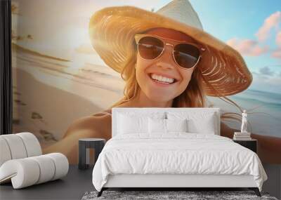 A young woman of tourist walking on the beach with orange sand and palms. Wall mural