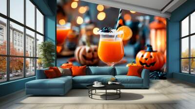 Decorated orange juice for a Halloween.Halloween party for kids Wall mural