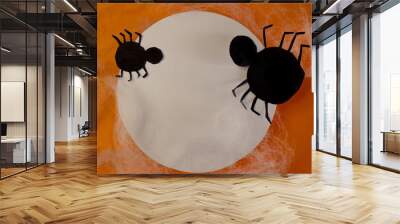 Two spooky spiders on a circular white banner. Halloween invitation cards. Wall mural