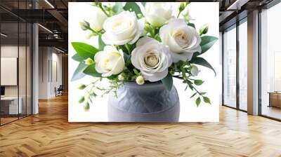 White roses in grey rustic vase on white or transparent background. Front view. Place for text, copy space.Generated by AI Wall mural