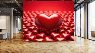 Red 3 d heart. Background of red hearts. Holiday card for Valentine's day, wedding, March 8th. Wall mural