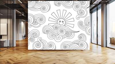 Contour image of smiling sun and clouds doodle style. Horizontal composition. Wall mural