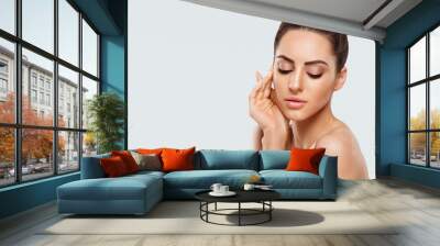 Beautiful woman portrait, skin care concept, Skin care. Dermatology. Portrait of female hands with manicure nails touching her face. Spa.  Wall mural