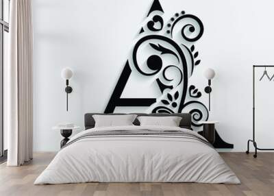 letter A. Black flower alphabet.  Beautiful capital letters with shadow Wall mural