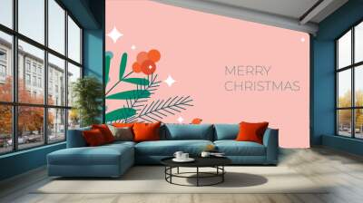 Christmas floral banner on a pink background. Flat modern cute fir branches, red berries and sparkles. Perfect for New Year letter, invitation, flyer template. Wall mural