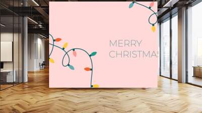 Christmas lights banner on a pink background. Flat modern cute bulbs on a string. Perfect for New Year letter, invitation, flyer template. Wall mural