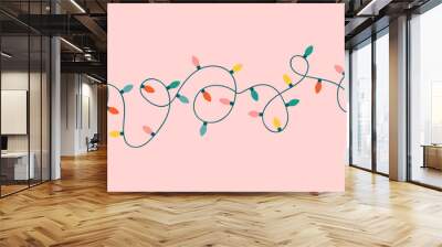 Christmas lights garland seamless border. Holiday LED bulb strand for magic festive prints. Flat illustration for greeting cards and other graphic design. Wall mural