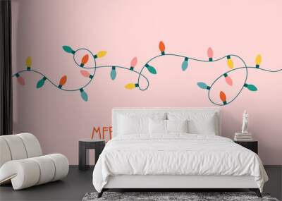 Christmas lights garland with lettering Merry Christmas. Holiday LED bulb strand for magic festive prints. Flat illustration for greeting cards and other graphic design. Wall mural