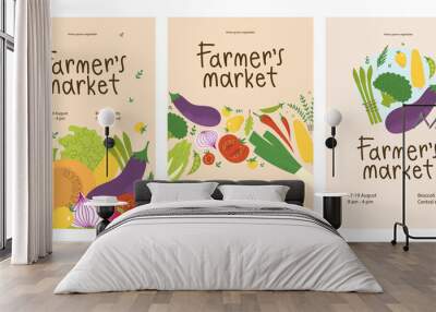 Farmers market poster design set. Fresh local vegetables in trendy flyers for food festival. Promo concept for veggie farm bazaar. Wall mural