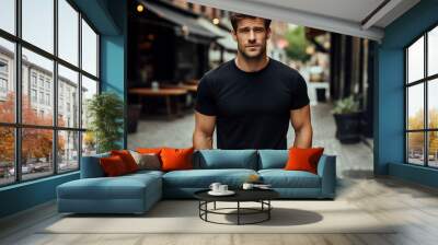 Male model in a classic black cotton T-shirt,ai generated Wall mural