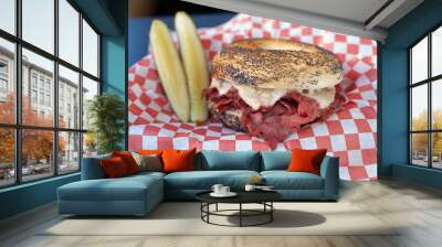 pastrami bagel sandwich with pickles Wall mural