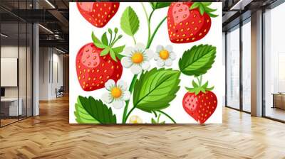 Red strawberries grow on a branch with blooming flowers. The cartoon illustration is isolated on white Wall mural