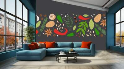 Spices and herbs seamless border. Flat hand drawn cooking ingredients with textured details. Spicy kitchen print for textile, decoration, banner. Wall mural