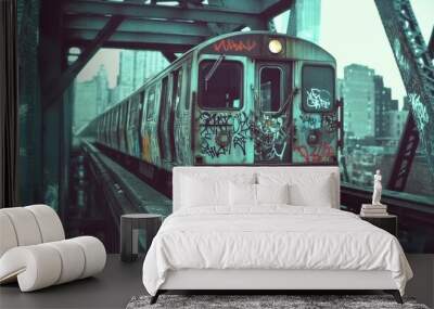  a cinematic scene of a 1970s graffiti New York subway train on a bridge.  Wall mural