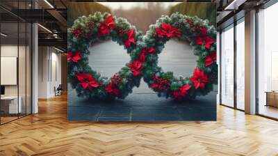  two christmas wreaths like infinity symbol with red and green decoration, infinity symbol shape Wall mural