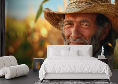 A weathered farmer with a straw hat smiles in his cornfield during sunset, showcasing years of dedication and hard work in agriculture Wall mural