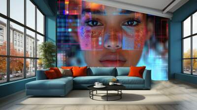 artificial intelligence transforming the cosmetics industry. Close up of woman face against blue background with vignette 3d  Wall mural