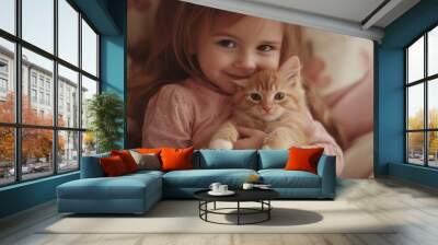 Cute little girl hugging a kitten Wall mural