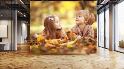 Funny twins in autumn park Wall mural