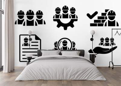 Good job of construction worker symbol. Building contractor icon set in flat. Search, resume, brick wall, check mark icons. Approved work Builders icons in black Vector illustration for graphic design Wall mural