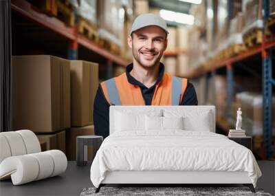 Happy male warehouse worker crossing his arms and smiling at camera Wall mural