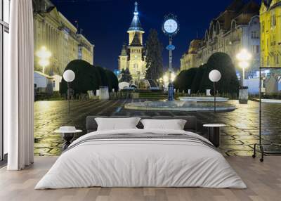 The rainy evening on the Victoriei Square of Timisoara, Romania Wall mural