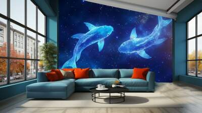 Pisces symbol with two glowing fish swimming through a cosmic sea of ​​stars Wall mural