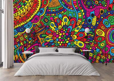 Psychedelic cartoon hand drawn background. Colorful fantastic doodle ornament. Vector illustration Wall mural