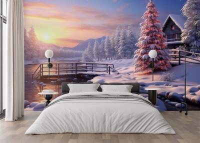 Serene snowy landscape with christmas decorations: capturing the beauty of a winter wonderland Wall mural