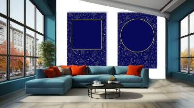 Set of dark blue covers, frames with gold pattern and place for text. Vector illustration, flat minimal design, isolated on white background, eps 10. Wall mural