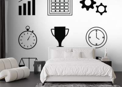 Set of vector icons for business and time management. Items isolated on a white background, such as a timer, alarm clock, clock, scroll. As well as scales, gears, a calendar, a graph with an arrow. Wall mural