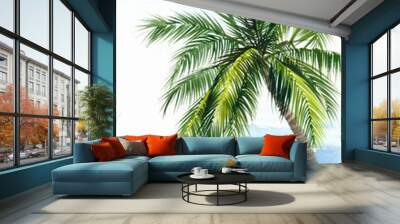 Tropical resort view with the seashore and coconut palm. Original watercolor painting. Wall mural