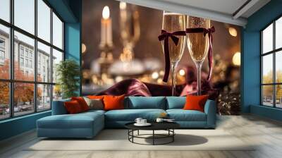 Two champagne flutes tied together with burgundy velvet bows on a warm, candlelit holiday table, creating a romantic and festive setting Wall mural