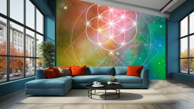 Flower of life sacred geometry spiritual new age futuristic illustration with transmutation interlocking circles, triangles and glowing particles in front of cosmic background Wall mural