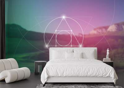 Philosopher stone sacred geometry spiritual new age futuristic illustration with transmutation interlocking circles, triangles and glowing particles in front of blurred background. Wall mural