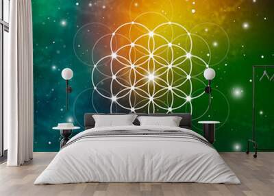 Sacred geometry tree of life ancient symbol vector illustration with golden ratio numbers, flower of life interlocking circles and particles in front of outer space background.  Wall mural