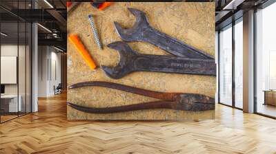 Old rusty wrenches. Made in USSR. Grunge tool. Quality mark. Wall mural