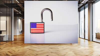 US sanctions. Closed padlock with USA flag. Supply ban. Wall mural