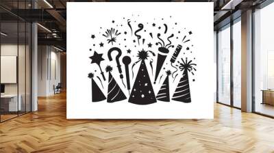 Happy New Year Party Hats and Noisemakers Silhouette - Minimalist Celebration Art Party Hats Black Vector
 Wall mural