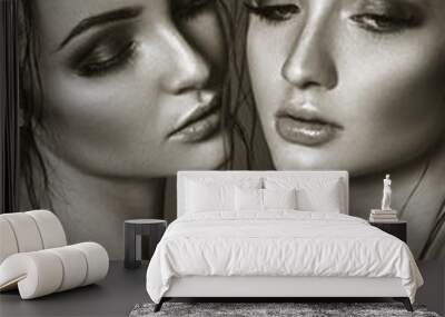 close-up black and white portrait of two beautiful women. glamou Wall mural