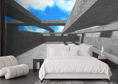 Concrete room wall construction on cloudy sky background Wall mural