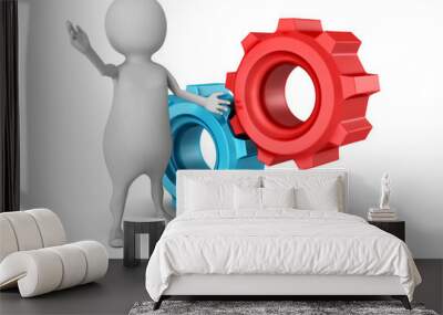 white 3d man with two red blue mechanical cogwheel gears Wall mural